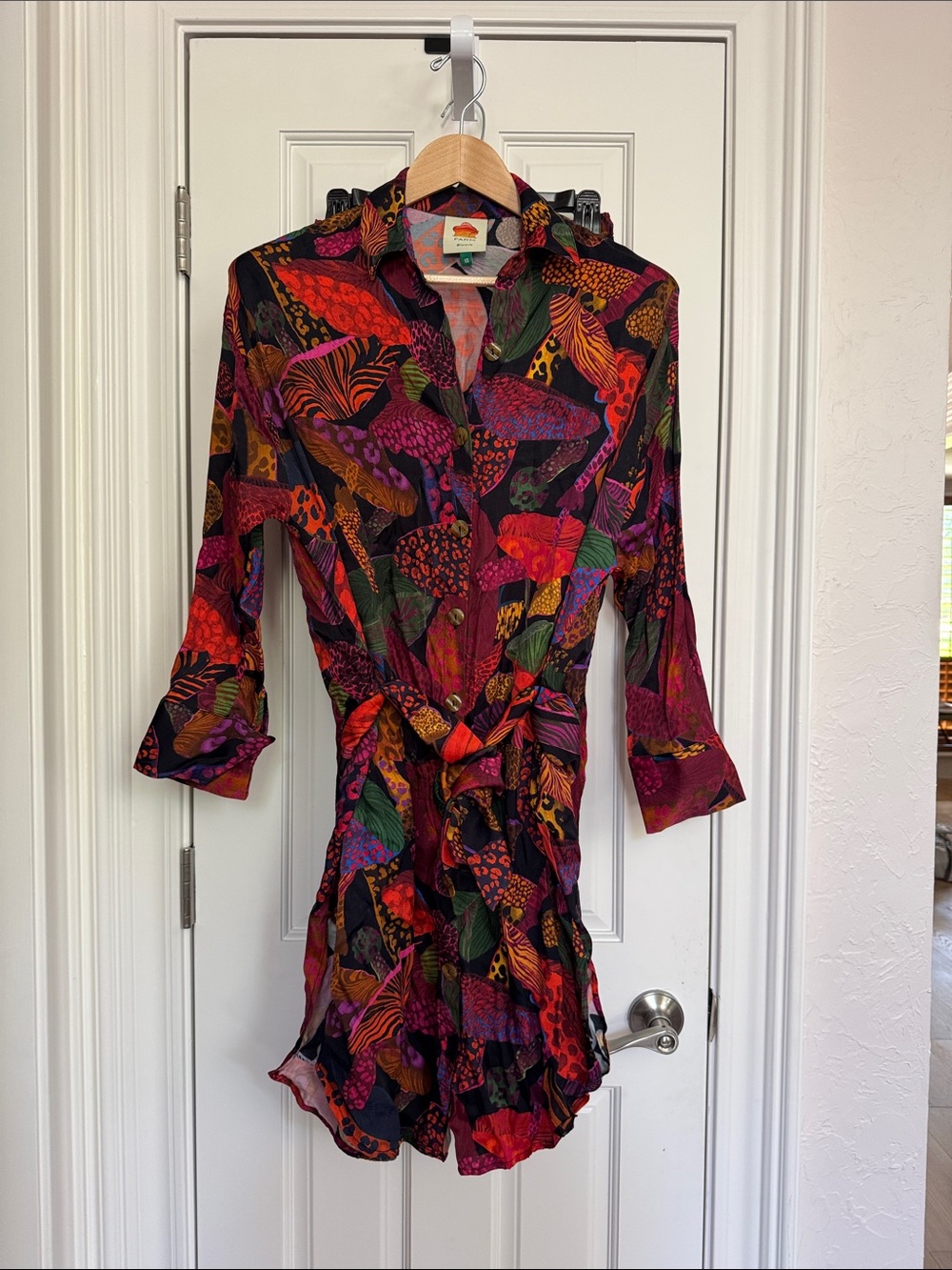 Jewel Tone Button-Front Shirt Tunic Dress with Tie Waist and Matching Pants